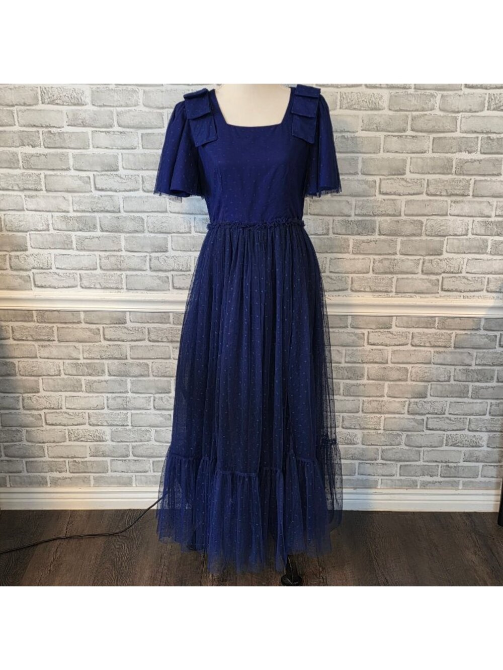 Ivy City Navy Blue Tulle Maxi Dress Flutter Sleeve Tiered Square Neck Modest M